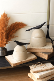 SET OF TWO CLAY CANISTERS WITH WOODEN BIRD HANDLES