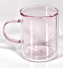 MARCELLE 11oz Double Wall Mug with Colored Glass Interior and Matching Colored Glass Handle - PINK