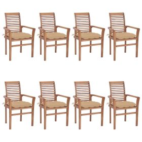 vidaXL Dining Chairs 8 pcs with Beige Cushions | Solid Teak Wood Stacking Chairs | Outdoor and Indoor Use | Assembly Required