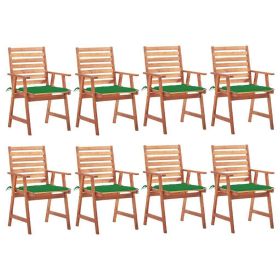 vidaXL Patio Dining Chairs 8 pcs with Cushions | Solid Acacia Wood | Green Cushions | Slatted Design | Waterproof | Easy Assembly