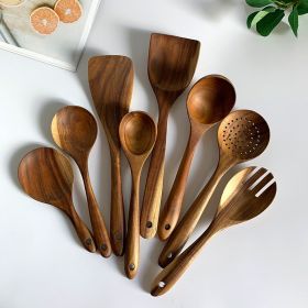 style: 8 pcs set - Thailand Teak Natural Wood Tableware Spoon Ladle Turner Long Rice Colander Soup Skimmer Cooking Spoons Scoop Kitchen Tool Set