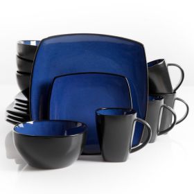 Gibson Soho Lounge 16 Piece Square Stoneware Dinnerware Set in Blue and Black - Elegant and Luxurious Dining Experience