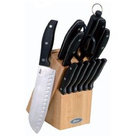 Oster Granger 14 Piece Stainless Steel Cutlery Set - Sleek and Durable Knives with Black Handles and Wooden Block