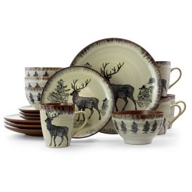 Elama Majestic Elk 16 Piece Luxurious Stoneware Dinnerware with Complete Setting for 4