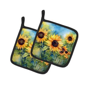 Sunflowers in Watercolor Pair of Pot Holders Kitchen Heat Resistant Pot Holders Sets Oven Hot Pads for Cooking Baking BBQ, 7 1/2 x 7 1/2